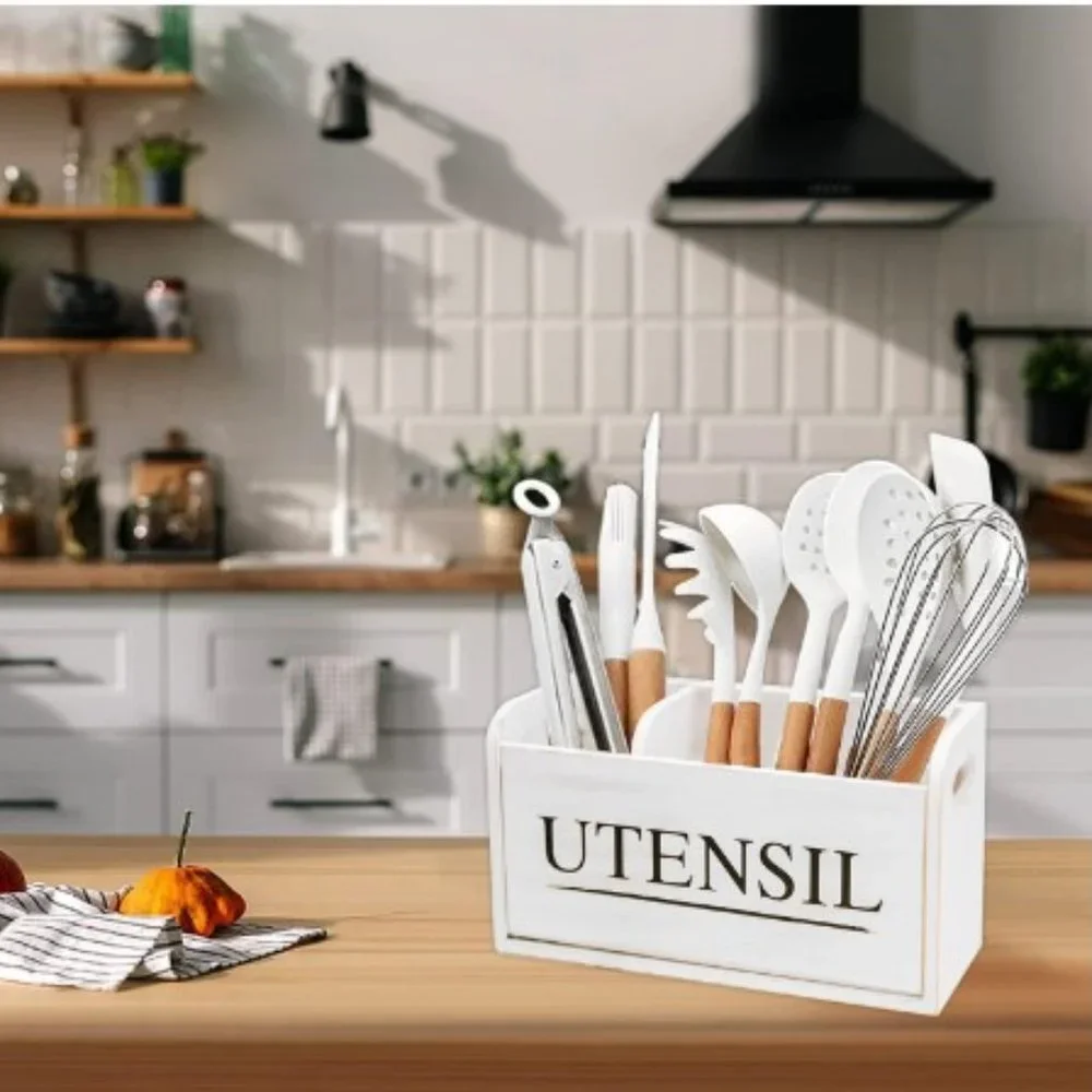XL Farmhouse White Wooden Kitchen Utensil Holder - Cooking Utensil Organizer